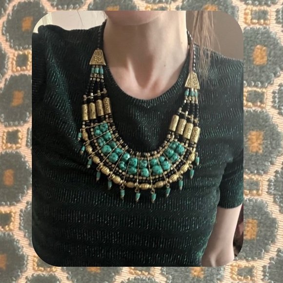 south africa 🇿🇦 boho turquoise black gold boho fringe statement necklace - Picture 5 of 12